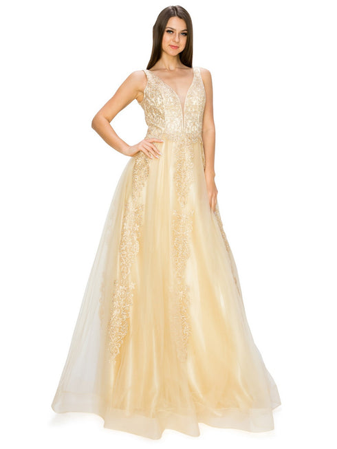 Bliss Golden Coil Lace Studded Illusion Tulle V-Neck Dress for Women, Sizes XS-3XL - SophiasStyle.com